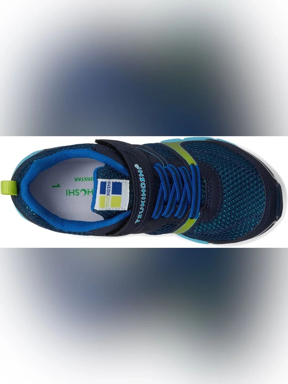 Tsukihoshi Kids Navy Blue Athletic Sneakers with Bright Blue and Lime Accents